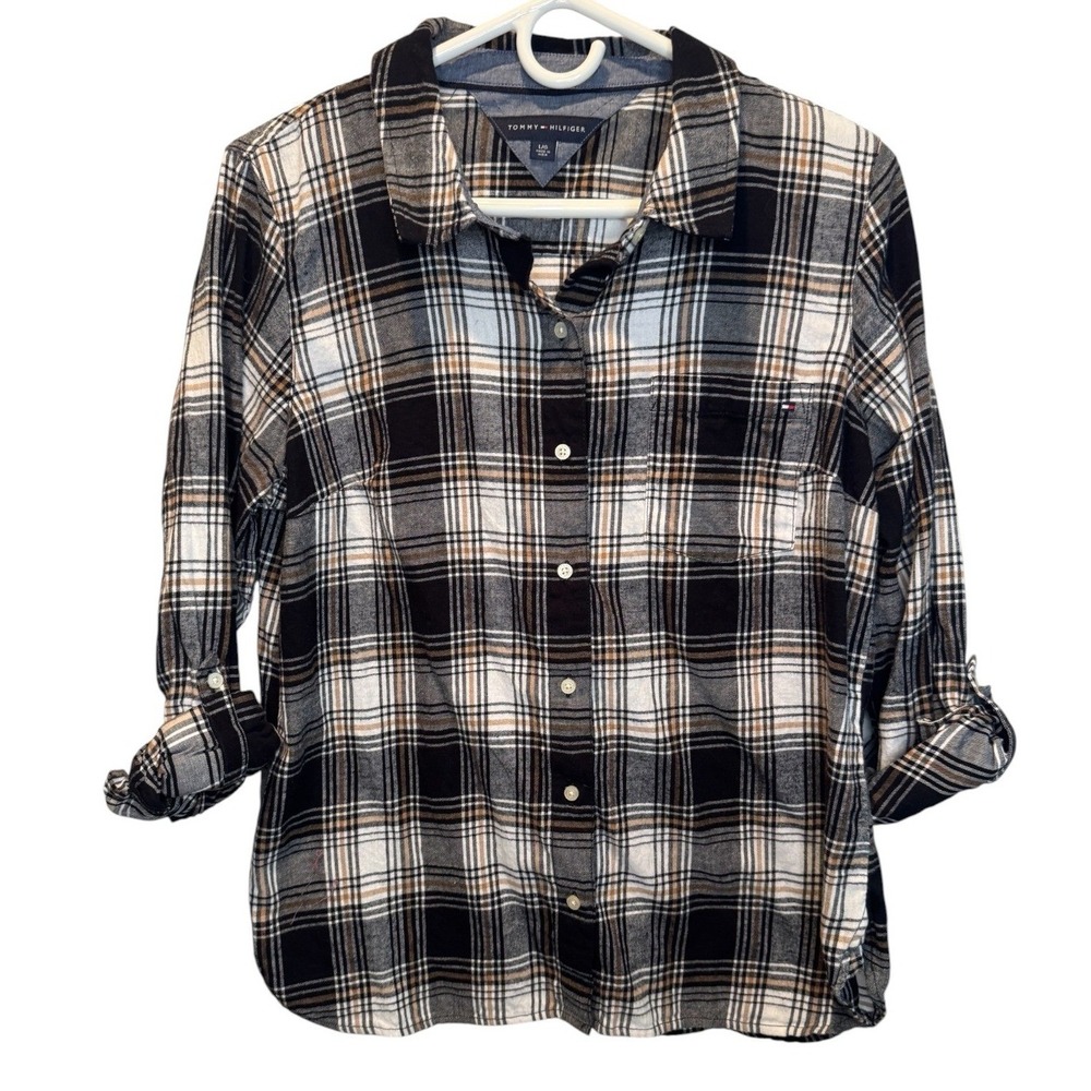 Tommy Hilfiger Womens Plaid Flannel Button Down Roll Tab Sleeve Shirt Large